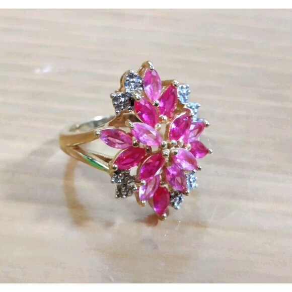Designer PAJ Multi Pink Red Gem Gold Vermeil 925 Sterling Silver Ring  Size 7 - Picture 1 of 8